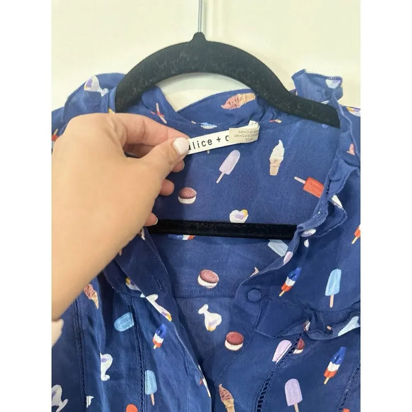 ALICE AND OLIVIA Ice Cream print Ruffle Blouse 100% Silk Size XS 1354 - Picture 8 of 13